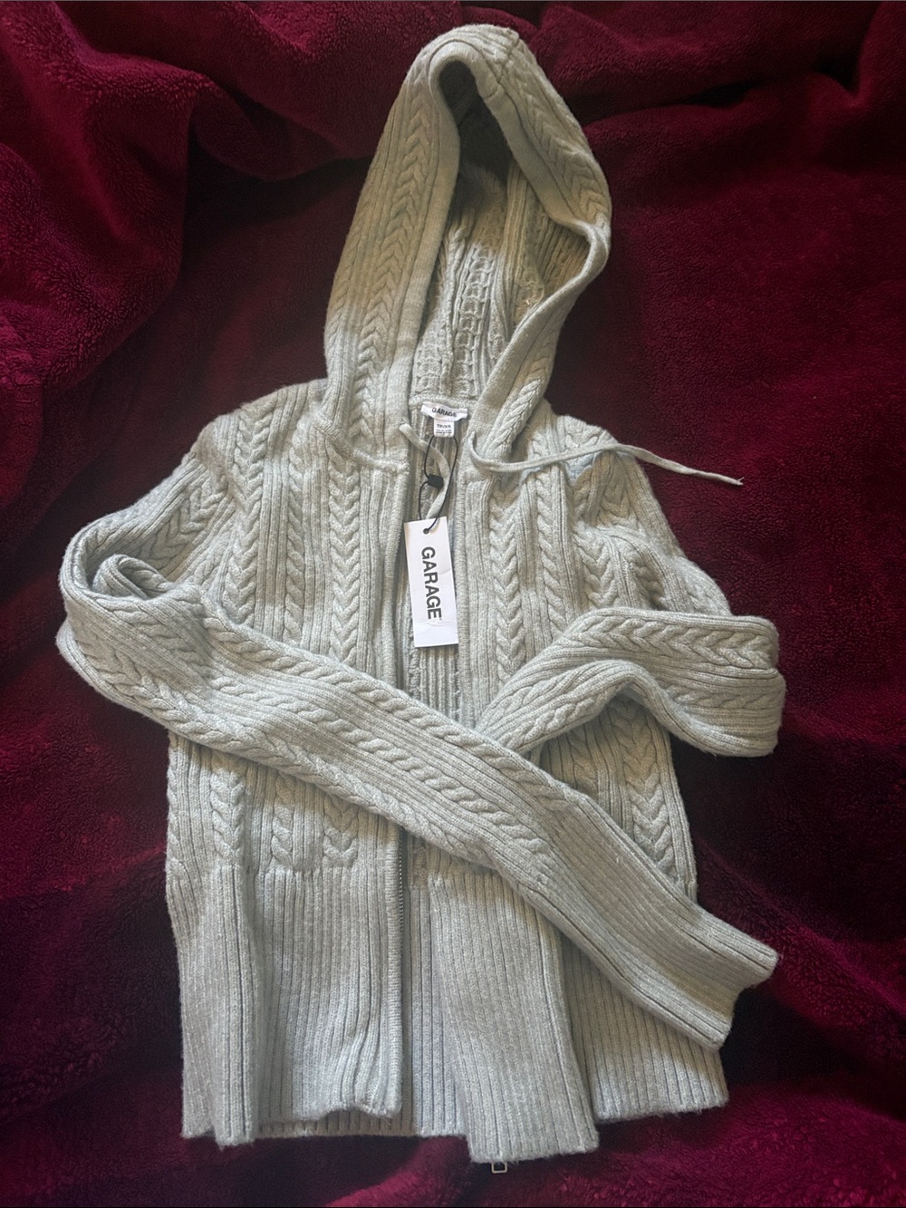 Garage Gray Hooded Cable Knit Zip Sweater